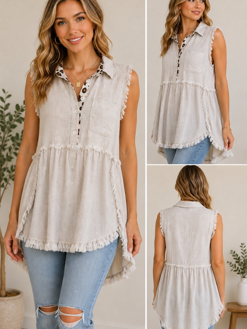 Umgee Linen Blend Tiered Tunic Top M Frayed Raw Hem Leopard Trim Boho